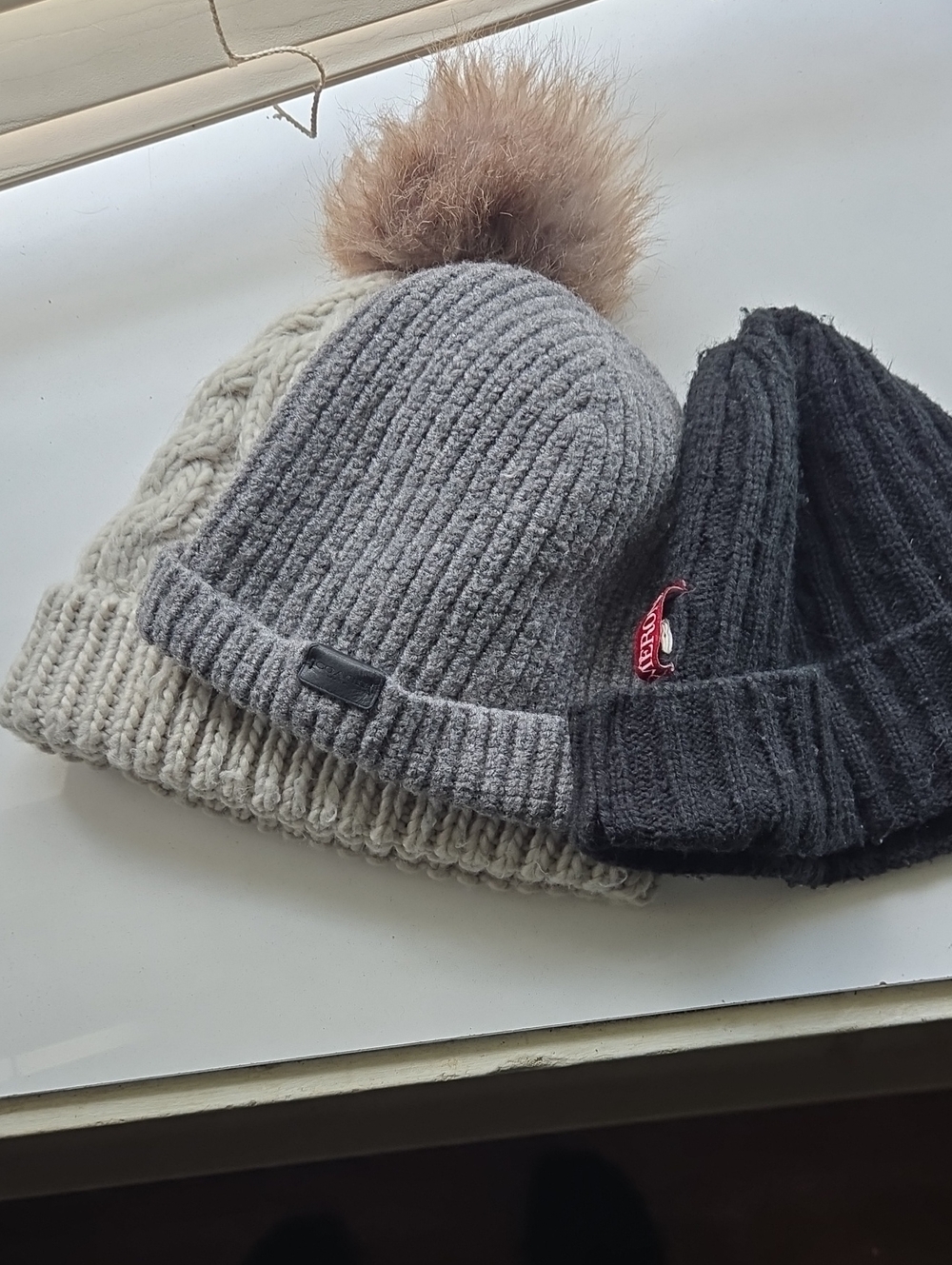 3 Winter Hats Gray, Cream, Black